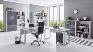 moebel-dich-auf Büromöbel-Set OFFICE EDITION Set 7, (abschließbar, 8-tlg, Schreibtisch + Rollcontainer + Büroschrank + Regale), Metallgriffe