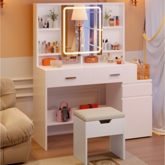 Furnicopia Schminktisch Mit dreifarbiger LED-Beleuchtung Weiß Mit 8 Fächern 3 Schubladen (117,5*40*140,5cm Aufbewahrung und Organisation Geeignet für Schlafzimmer, Umkleideräume und Schminkstudios)