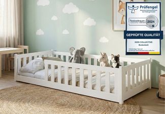 Kids Collective Kinderbett Bodenbett Bett mit Rausfallschutz & Lattenrost Montessori Bett Kinder (Jungen, Mädchen, Kinder, weitere Größen 80x180, 90x190, 90x200, 120x200, 140x200 cm), Jugendbett Gitterbett Einzelbett, Weiß Kiefer 80x160 cm