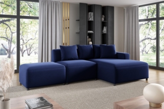 Ecksofa Designersofa MEGAN XS inkl. Hocker Stoff Salvador Dunkelblau Ottomane Rechts