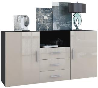 Vladon Sideboard Skadu, Kommode mit 2 Türen, 3 Schubladen und 1 offenem Fach, Schwarz matt/Sandgrau Hochglanz (138,5 x 71,5 x 35 cm)