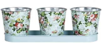 Linoows Pflanzkübel Blumentopf Set Rosen, 3er Garten Metall Topfset (Set), 3 Pflanzentöpfe mit Rosendruck, Pflanztopf Tray