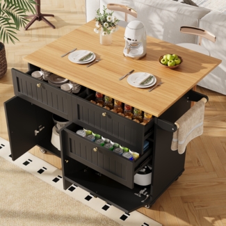 Kücheninsel, Moderner Buffetschrank Speisewagen mit Holzmaserung Stretchfunktion und Stauraum, MDF+Metall, Schwarz