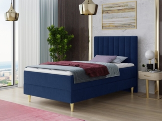 Boxspringbett Gold Mini mit Bettkasten, Bonell-Matratze und Topper - Einzelbett mit Matratzentopper, Polsterbett, Bett, Schlafzimmer, Jugendzimmer, Velours Stoff (Blau (Manila 26), 90 x 200 cm)