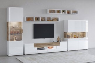 INOSIGN Wohnwand Toledo,Breite 391cm stilvolle Mediawand ohne Beleuchtung, (Set, 5-St), Anbauwand(Vitrine,Lowboard,Highboard,2xHängeregal)MDF Hochglanzfronten