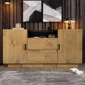 Sideboard Kommode mit ESG-Glas und Eichenoptik 140x40x70 cm,Anrichte mit Schubladen & verstellbaren Einlegeböden