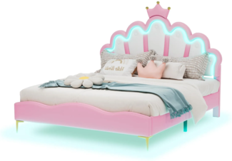 Prinzessinbett mit LED-Beleuchtung, 140x200 cm, höhenverstellbarer Kopfteil, Mädchenbett, Polsterbett für Mädchen, Doppelbett, Kunstleder