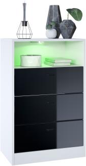 Vladon Kommode Pino V2, Anrichte mit 3 Schubladen & 1 offenem Fach, Weiß matt/Schwarz Hochglanz (56 x 86,5 x 36 cm), mit RGB LED-Beleuchtung