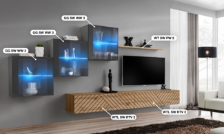 Wohnwand Switch Lamel, Korpus: Graphit, Wotan / Front: Graphit hochglanz PVC, Wotan PVC (gerillt)