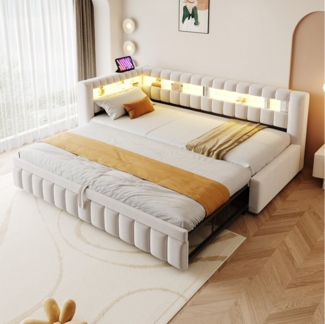 Flieks Daybett, Polsterbett Schlafsofa mit Ausziehbett 90/180x200 cm mit LED & Aufladen