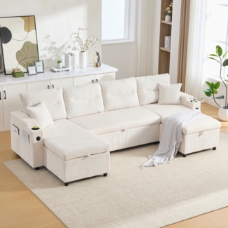 Flieks 4-Sitzer Schlafsofa aus Samt, mit beidseitigen Chaiselongues, Stauraum, Seitentasche, Getränkehaltern und USB-Anschlüssen, Beige