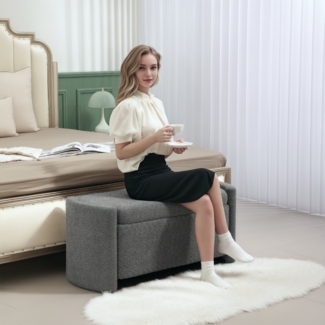 Polsterbank mit Stauraum – Bettbank, Flurhocker, Truhenbank, Flanell bezogen, Eukalyptus Holz, 150 kg belastbar