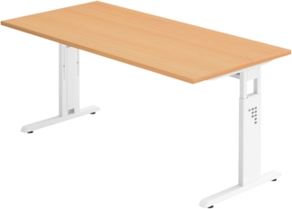 bümö höhenverstellbarer Schreibtisch O-Serie 160x80 cm in Buche, Gestell in weiß - PC Tisch für's Büro manuell höhenverstellbar, Computertisch verstellbar, OS-16-6-W