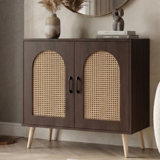 Kommode HWC-P51, Schrank mit Türen Anrichte Staufächer, Poly-Rattan MDF Melamin 79x80x40cm ~ Walnuss-Optik