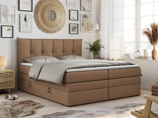 Boxspringbett 7-Zonen Taschenfederkernmatratze und Topper - PREMIUM-10-KING - 160x200cm - Braun Kunstleder - H4