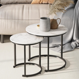 Runder Couchtisch Set Schwarz Metall Marmor Style 2er Beistelltisch Modern