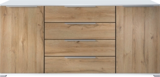 Vladon Sideboard Linio V2 166,5 x 72,5 x 35 cm Anrichte mit 2 Türen und 4 Schubladen, Korpus in Weiß matt, Fronten in Eiche Natur