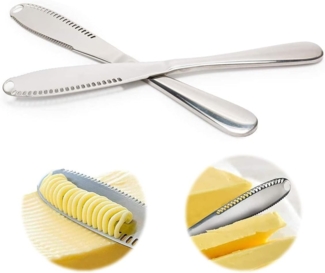 Zwei Buttermesser aus Edelstahl, zum Zubereiten von Frühstückssaucen, multifunktionaler Käsereibe, Gemüse- und Obstschneider.