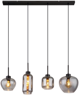 Hängelampe, 4 Flammig, Rauchglas, schwarz, L 99,5 cm