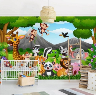 Bilderdepot24 Kindertapete Kinderzimmer Wilde Dschungeltiere Wanddeko Panda Giraffe Affen Elefant, Glatt, Matt, (Vliestapete inkl. Kleister oder selbstklebend), Mädchenzimmer Jungenzimmer Babyzimmer Bildtapete Fototapete Wandtapete