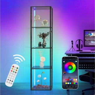 XERSEK Stehlampe mit Regal aus Holz, 5 Stufige Stehlampe Wohnzimmer mit, 6 Farbtemperaturen 2700-6500K, Standleuchte mit APP und Fernbedienung, 39*29*160cm, für Wohnzimmer, Schlafzimmer, Büro