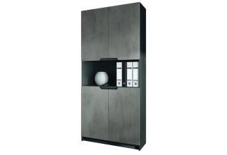 Vladon Büroschrank Logan V2, Aktenschrank mit 5 Fächern und 4 Türen, Schwarz matt/Beton Dunkel Optik (82 x 184 x 37 cm)