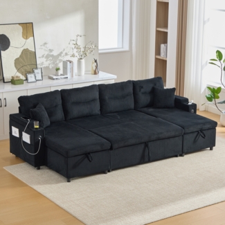 LVHOM Ecksofa mit Schlaffunktion L-Form, Schlafsofa mit Bettkasten, Loungesofa mit USB-C-Anschluss, Seitentaschen und Becherhaltern, Polstersofa aus Cord, Bettsofa ausziehbar 4 Sitzer