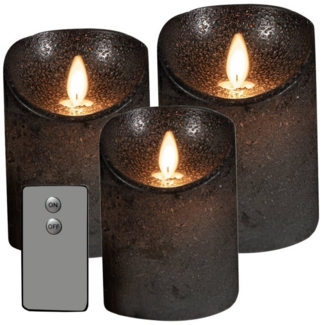 3er Set LED Echtwachs Wachskerze Stumpenkerze Kerze flammenlos anthrazit