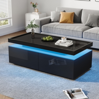 Couchtisch, Wohnzimmertisch mit LED, 2 Schubladen, Hochglanz, minimalistisches Design, Beistelltisch mit geometrischem Design, Schwarz, 95 x 45 x 35 cm