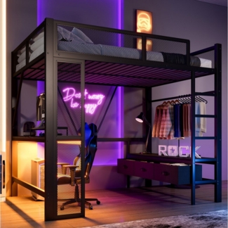 Merax Hochbett 140x200 cm mit LED-Beleuchtung und USB (1-St, Etagenbett Jugendbett Einzelbett) Metallbett mit Schreibtisch, offenem Kleiderschrank und 3 Schubladen