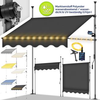 tillvex Klemmmarkise 300 cm Gelb/Weiß mit LED mit Handkurbel Balkon | Balkonmarkise ohne Bohren | Markise UV-beständig & höhenverstellbar | Sonnenschutz wasserdicht