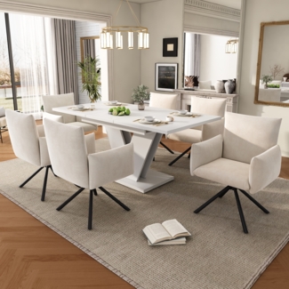 Merax Esstisch-Set (einschließlich Esstisch und 6 Stühlen), versenkbarer Esstisch, 120/160 * 80 cm, verdickte Tischplatte, V-förmige Beine, Leinenstoff, weißer Tisch, beige Stühle