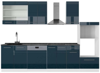 Küchenzeile Fame-Line Dunkelblau Hochglanz/Weiß 300 cm mit Hochschrank, AP Anthrazit Vicco