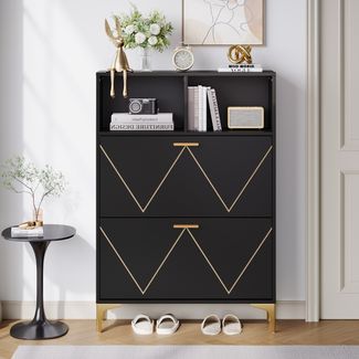 Schuhschrank, MDF mit 2 Klapptüren & 4 Ablagefächern, 80x25x117 cm, Schwarz