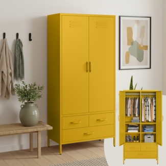skølm 'Atria' Kleiderschrank mit 3 Schubladen, Metall, 170x45x80 cm, senfgelb, Garderobe mit 4 Fächern und 2 Kleiderstangen