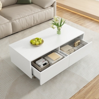 KLAM HOME Couchtisch Couchtisch mit gold-weißen Massivholzbeinen, LED-Beleuchtung (Wohnzimmertisch, Sofatisch, 1-St, zwei Schubladen), mit farbwechselnden LED-Lichtstreifen
