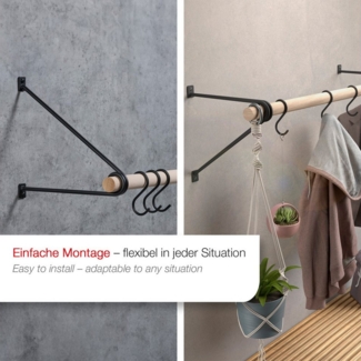 SO-TECH® Wandgarderobe 260x250 mm mit Ø 30 mm Kleiderstange aus Holz (Spar-Set, 1 St), Schwarz lackiert mit 50 cm Garderobenstange aus Buche
