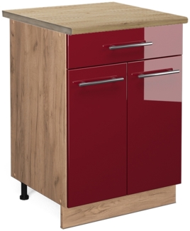 Vicco Küchenunterschrank Bordeaux Hochglanz 60 cm mit Schublade, AP Eiche, Fame-Line