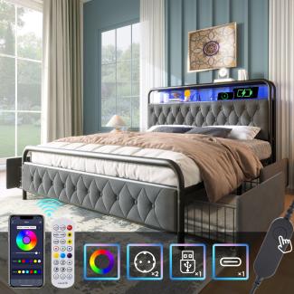 Merax Polsterbett Doppelbett mit aufladen USB Type C Ladefunktion APP-Control LED Bettgestell Metallbett 140×200 Bettrahmen und 4 Schubladen, Samt (Ohne Matratze) , Grau