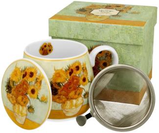 DUO ART GALLERY Fassbecher 430 ml SUNFLOWERS mit Teesieb, New Bone China Porzellan