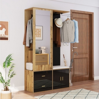 Flieks Garderoben-Set mit Ankleidespiegel, Schuhschrank, Schuhbank, Haken und Kleiderstange, (1-St, B100/T38/H180 cm), Garderobenschrank mit Schublade Garderobenständer Holzoptik