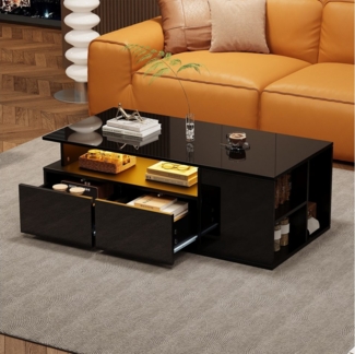 MODFU Couchtisch mit LED-Lichtsteuerung und Hochglanzoberfläche (Beistelltisch, Sofatisch, 1-St, Doppelschubladen und seitliche Aufbewahrung), Wohnzimmertisch mit Hochglanzoberfläche