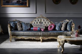 Casa Padrino Luxus Barock Chesterfield Sofa Dunkelblau / Antik Gold 300x90 x H. 119 cm