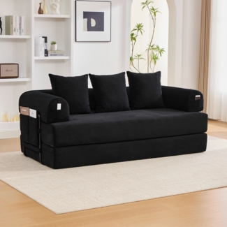 Flieks 2-Sitzer Sofa, Schlafsofa Zusammenlegbares Kompressionssofa mit robustem Metallrahmen, Seitentaschen plus 3 Kissen, Schwarz