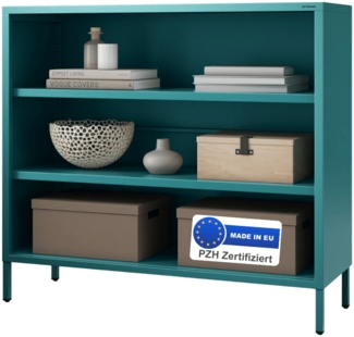 Metall Kommode offen WORF - 4 Ebenen, Industrie-Design | Metallregal klein Standregal Stahl Büro Wohnzimmer Arbeitszimmer, 90x100x35cm Türkis