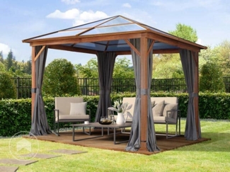 Gartenpavillon 3x3 m Holzoptik, ca 8 mm Polycarboat-Dach, 4 Seitenteile in grau