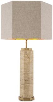 Casa Padrino Luxus Tischleuchte Beige / Antik Messing / Grau 46 x 46 x H. 84,5 cm - Travertin Schreibtischleuchte mit sechseckigem Lampenschirm - Luxus Tischleuchten - Luxus Schreibtischleuchten