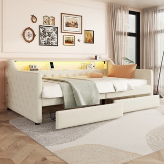 LVHOM Tagesbett 90x200cm mit LED&USB, Daybett mit 2 Schubladen, Schlafsofa mit Stauraum, Einzelbett Polsterbett Jugendbett Kinderbett, Beige