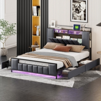 BlingBin Polsterbett Doppelbett 140/160 x200 cm mit LED-Licht und USB-Steckdose (1er Set, 1-tlg, Bett mit 4 Stauraum Schubladen und Kopfteil), Bettgestell mit Lattenrost aus Metall, PU, Grau, Ohne Matratze