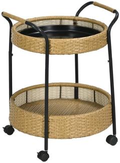 Outsunny Servierwagen Rattan Trolley mit 2 Regalen, (Barwagen, 1 St, Gartenrollwagen), für Balkon, Stahlrahmen, Natur, Φ50 x 66 cm